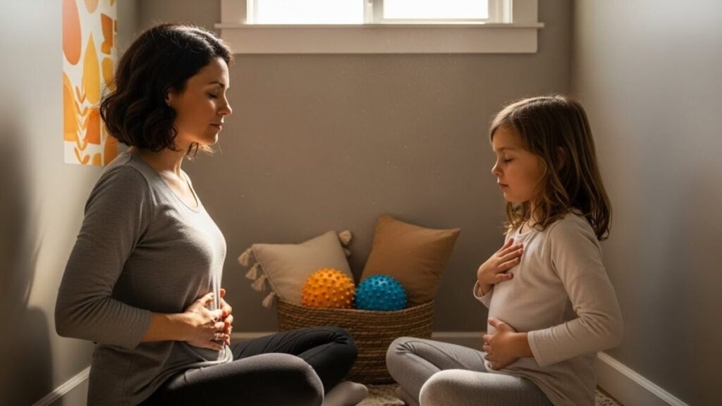 Agressividade Infantil: O Guia da Neurociência para Redirecionar a Raiva e Aplicar Limites Sem Punição 4 Mãe (ou figura de cuidado) e criança sentadas lado a lado em uma área "Canto da Calma". Ambos têm as mãos sobre o abdômen ou peito, praticando a "respiração da abelha" (olhos fechados, expressão de foco tranquilo).