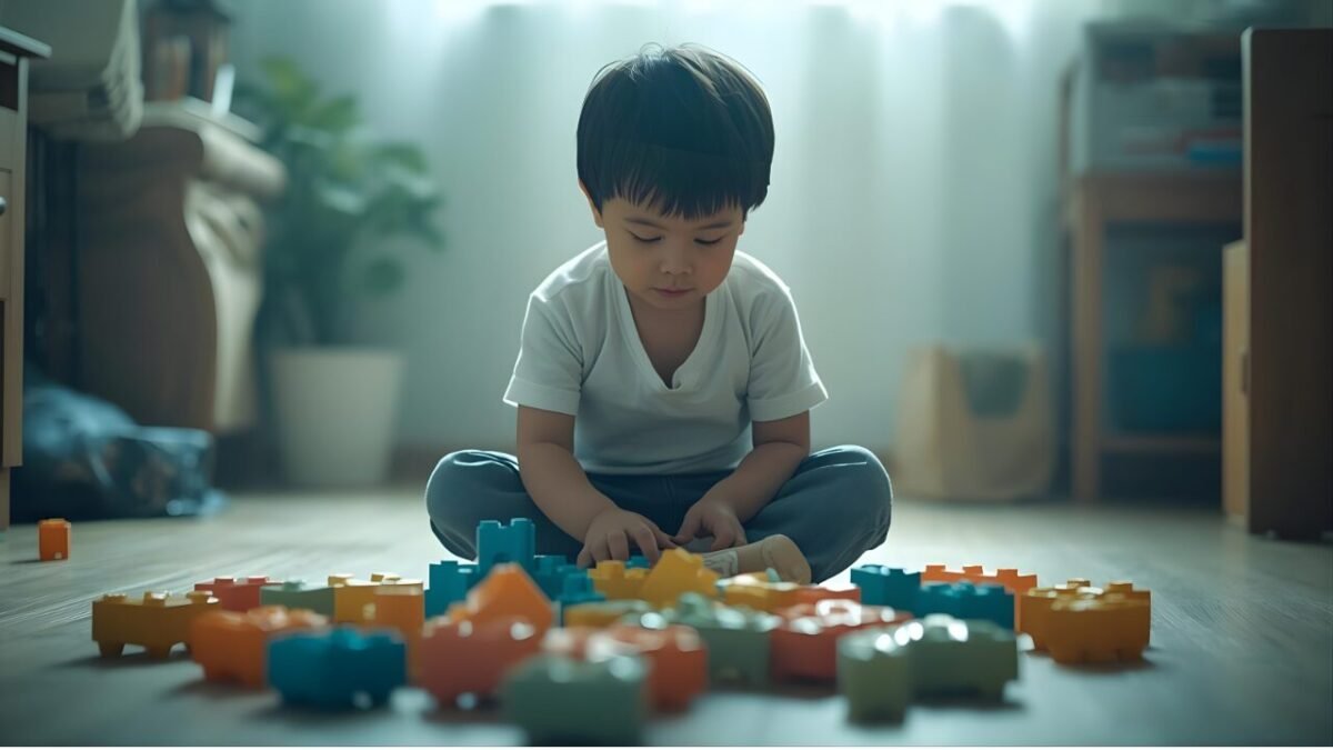 Agressividade Infantil: O Guia da Neurociência para Redirecionar a Raiva e Aplicar Limites Sem Punição 1 Criança de 4 anos brincando calmamente em um quarto iluminado, representando a calma após a gestão da agressividade infantil.