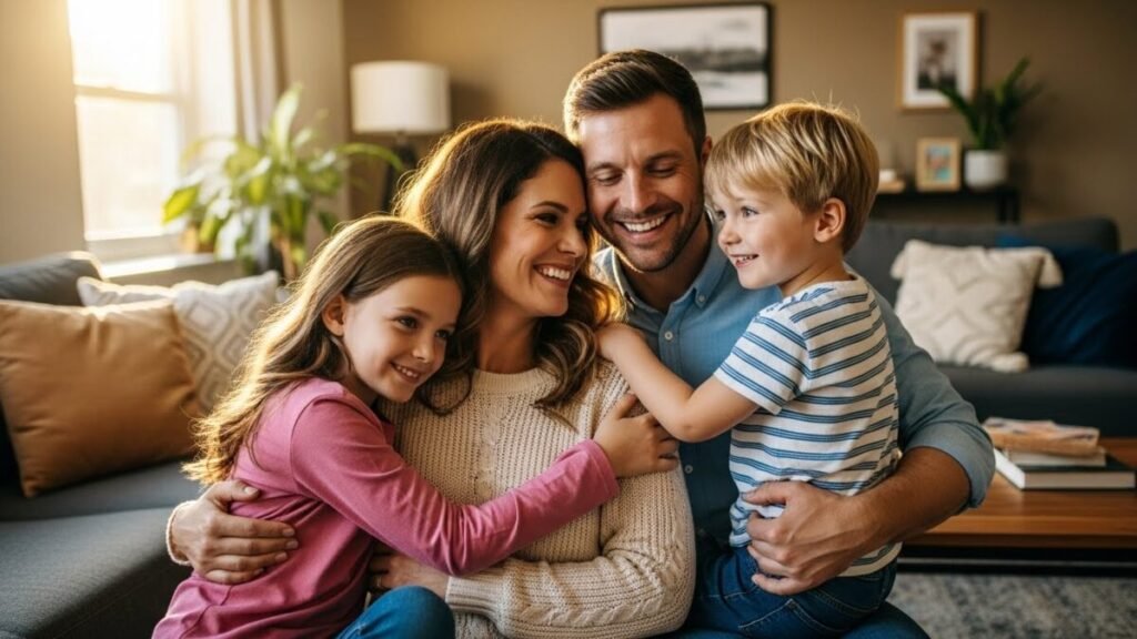 Agressividade Infantil: O Guia da Neurociência para Redirecionar a Raiva e Aplicar Limites Sem Punição 5 Foto calorosa de uma família (pai, mãe e duas crianças) em um abraço coletivo, simbolizando a conexão e a eficácia da comunicação positiva e limites claros.