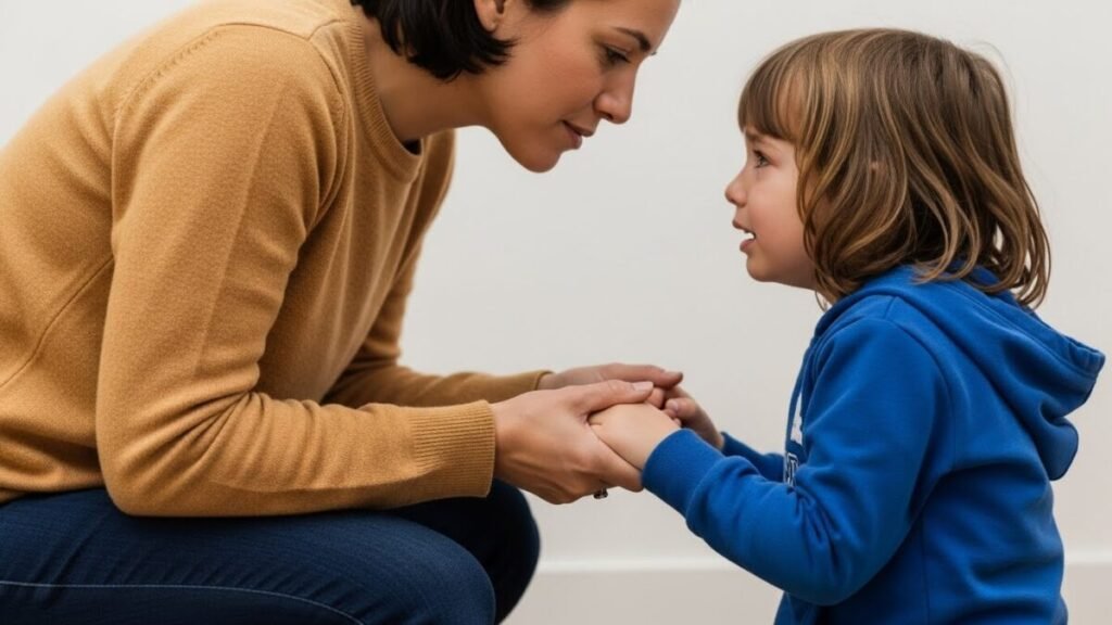 Agressividade Infantil: O Guia da Neurociência para Redirecionar a Raiva e Aplicar Limites Sem Punição 3 Cena de contenção e conexão. Um adulto (pai ou mãe) ajoelhado, na altura da criança (3 anos), fazendo contato visual e segurando suavemente os braços/mãos da criança. O semblante do adulto é de serenidade, e o da criança, de recente angústia, mas já iniciando a aceitação da calma