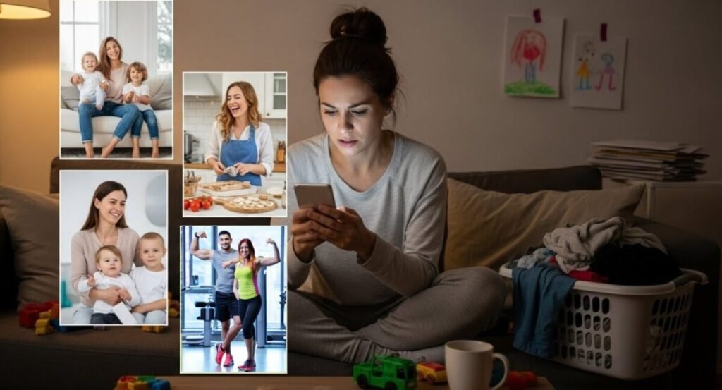 Mãe olhando para o celular com expressão de comparação ou frustração, vendo outras mães nas redes sociais.
