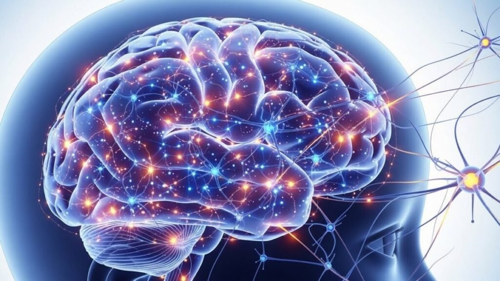 Neuroplasticidade infantil, Ilustração colorida mostrando neurônios infantis criando sinapses e conexões cerebrais durante o desenvolvimento