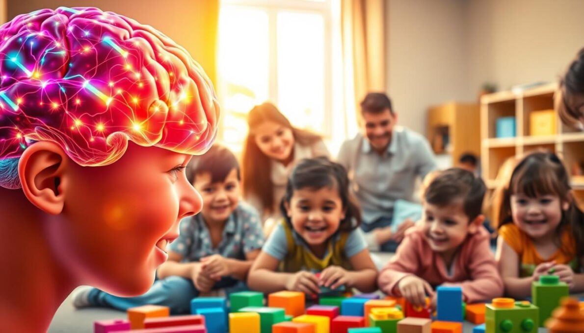 Neuroplasticidade infantil, Ilustração colorida mostrando neurônios infantis