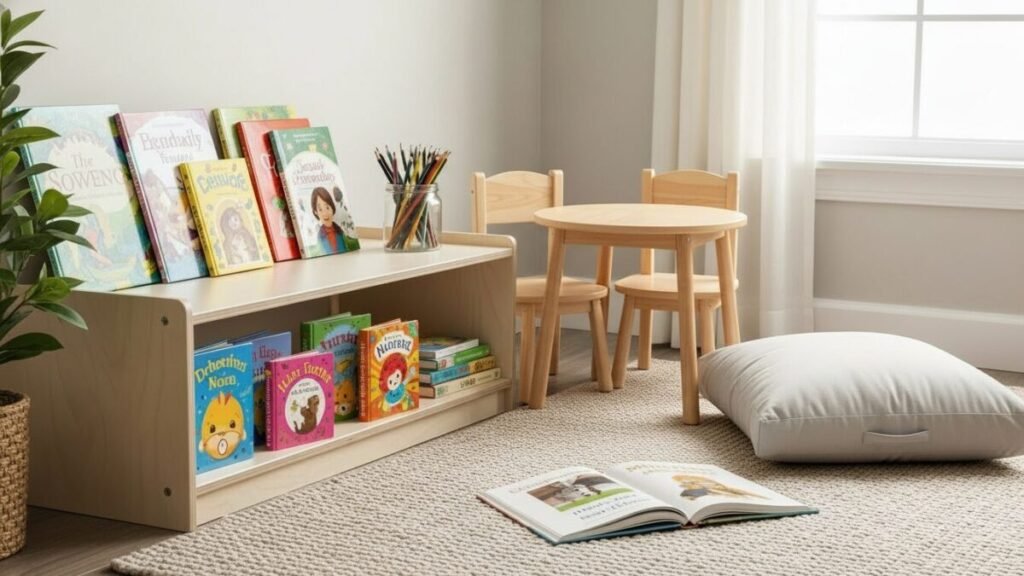 Cantinho da leitura infantil organizado com livros acessíveis e almofadas.
