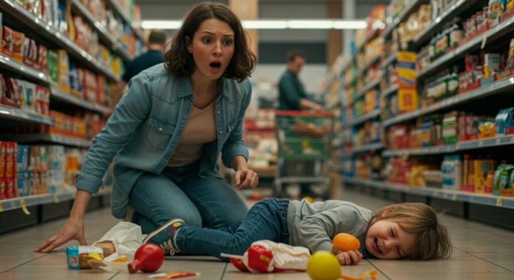 Entendendo a Birra Infantil: Neurociência, Limites e Acolhimento (Podcast) 1 Mãe surpresa agachada ao lado de criança chorando no chão do supermercado em momento de birra.