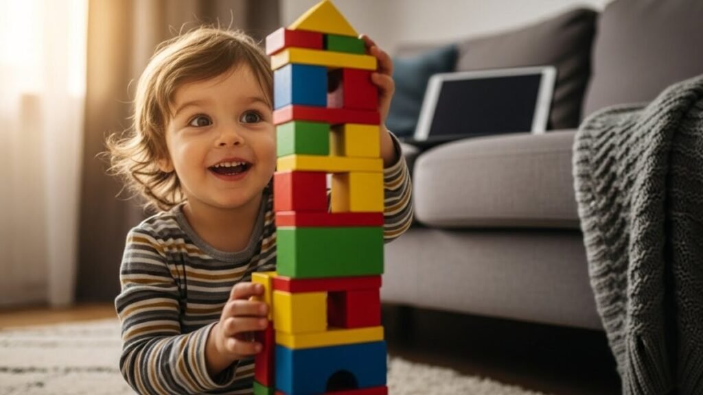 Adeus Telas: 20 Brincadeiras Educativas para Crianças de 3 a 7 Anos Fazerem em Casa 1 Criança de 4 anos a brincar com blocos de madeira longe de aparelhos eletrónicos.