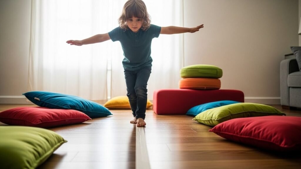 Adeus Telas: 20 Brincadeiras Educativas para Crianças de 3 a 7 Anos Fazerem em Casa 3 Criança realizando circuito de obstáculos em casa para desenvolver equilíbrio e coordenação.