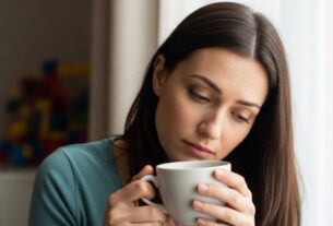 Mãe exausta fazendo uma pausa com uma xícara de chá, em um ambiente acolhedor e iluminado, representando autocuidado e alívio emocional.