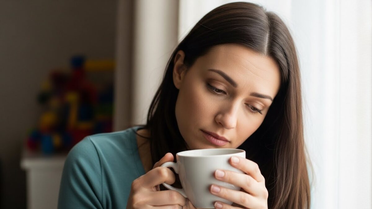 Mãe exausta fazendo uma pausa com uma xícara de chá, em um ambiente acolhedor e iluminado, representando autocuidado e alívio emocional.