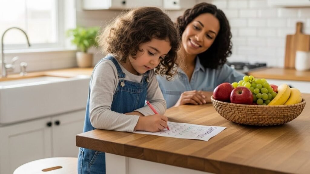 Criança de 5 anos a ajudar a escrever a lista de compras na cozinha.