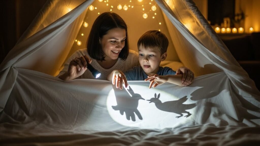 Adeus Telas: 20 Brincadeiras Educativas para Crianças de 3 a 7 Anos Fazerem em Casa 5 Mãe e filho a brincar de teatro de sombras com lanterna dentro de uma cabana de lençol.