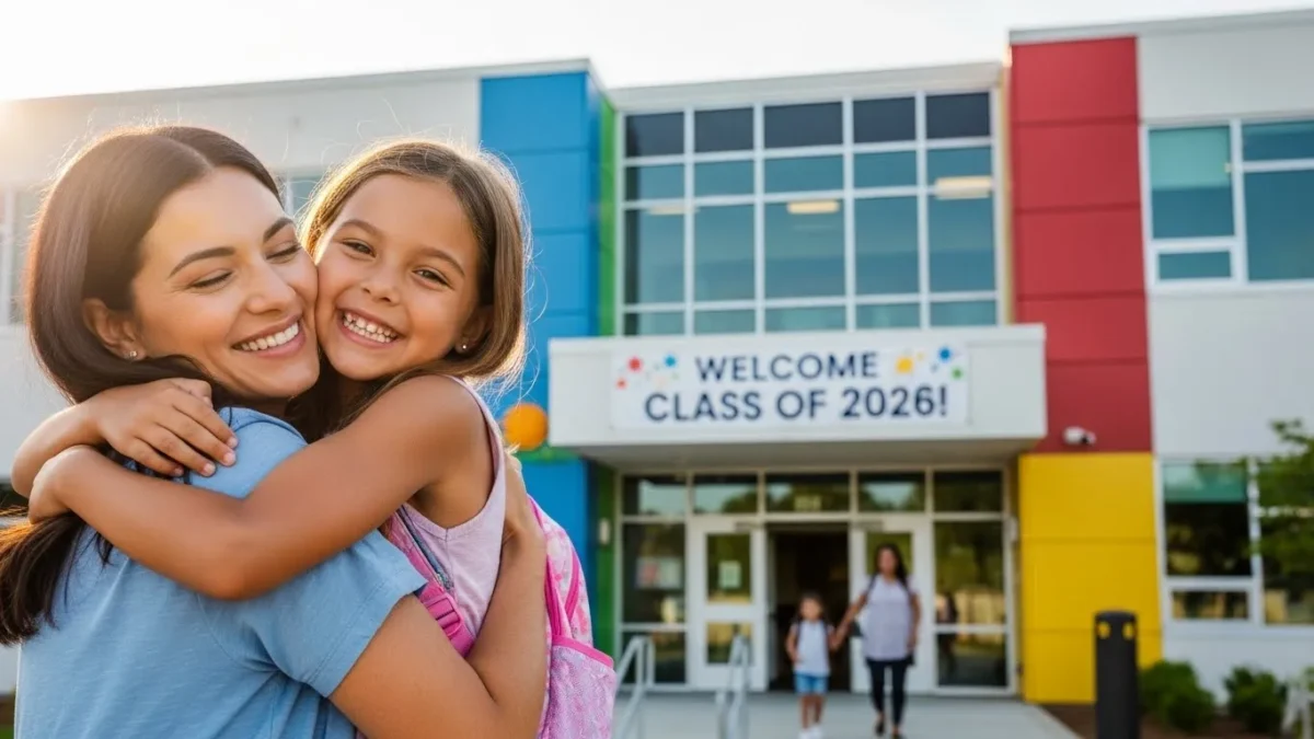 Criança pequena sorrindo ao abraçar a mãe na frente de uma escola colorida, simbolizando uma adaptação escolar tranquila em 2026.