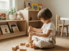 Criança brincando com blocos de madeira em ambiente preparado seguindo o Método Montessori em casa.