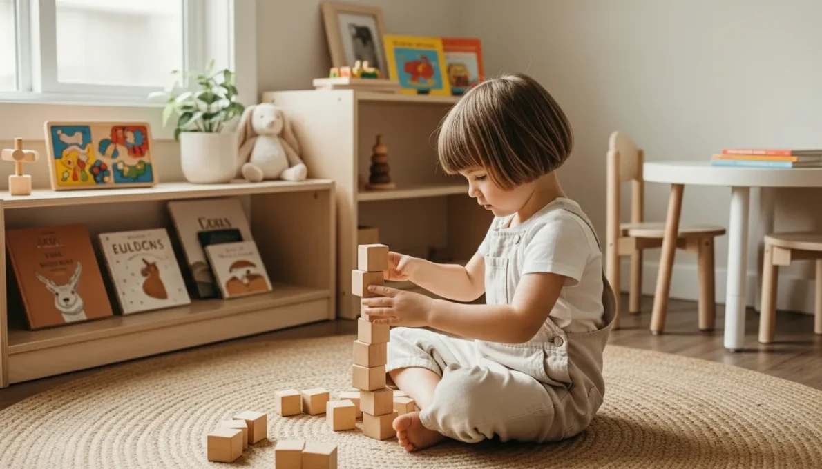 Método Montessori em Casa: 7 Passos para Transformar a Aprendizagem do seu Filho em 2026 1 Criança brincando com blocos de madeira em ambiente preparado seguindo o Método Montessori em casa.