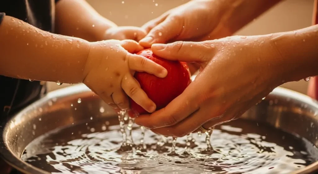 Mãos de criança e adulto em atividade de vida prática montessoriana na cozinha.