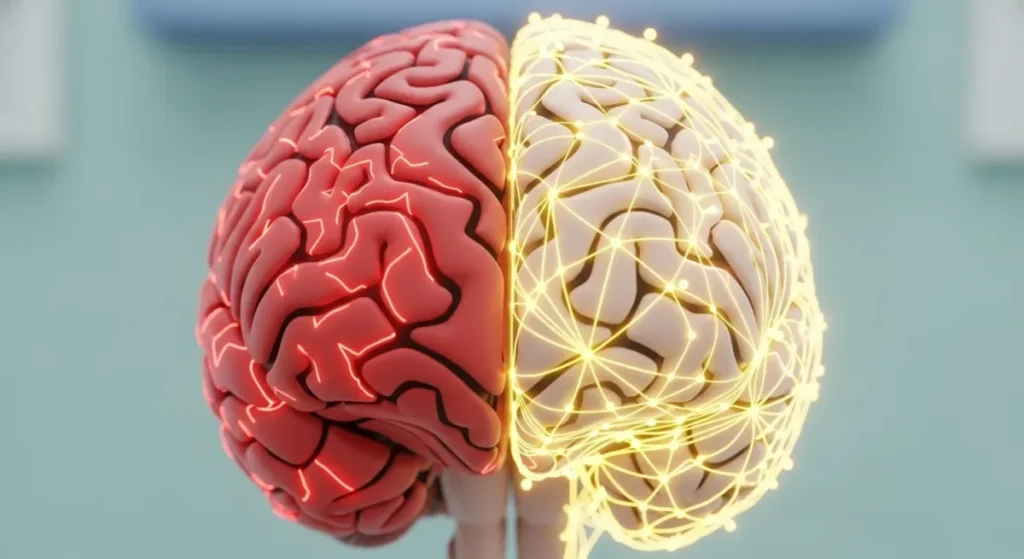 Ilustração do cérebro infantil mostrando áreas de bloqueio por estresse.