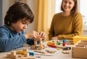 Criança concentrada montando brinquedo pedagógico para estimular funções executivas.