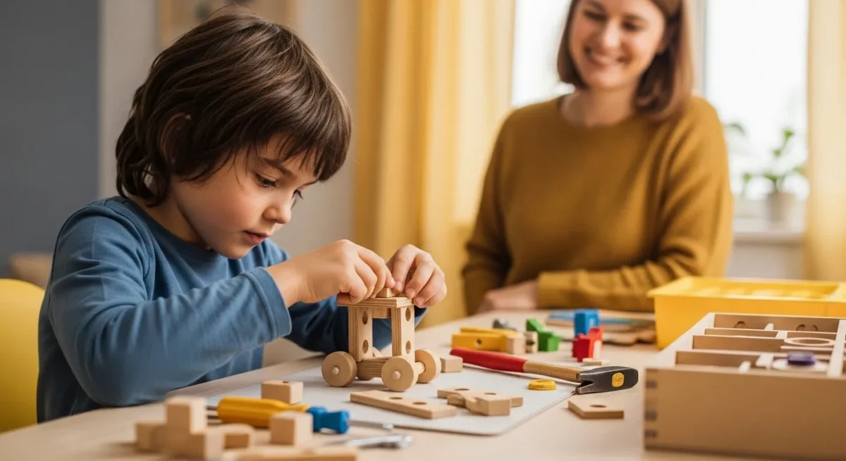 Criança concentrada montando brinquedo pedagógico para estimular funções executivas.