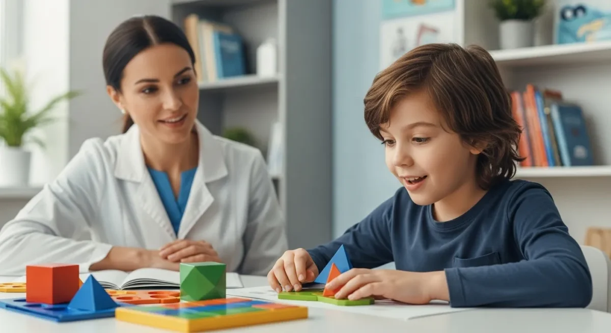 Criança concentrada realizando atividade neuropsicopedagógica com apoio de uma especialista.