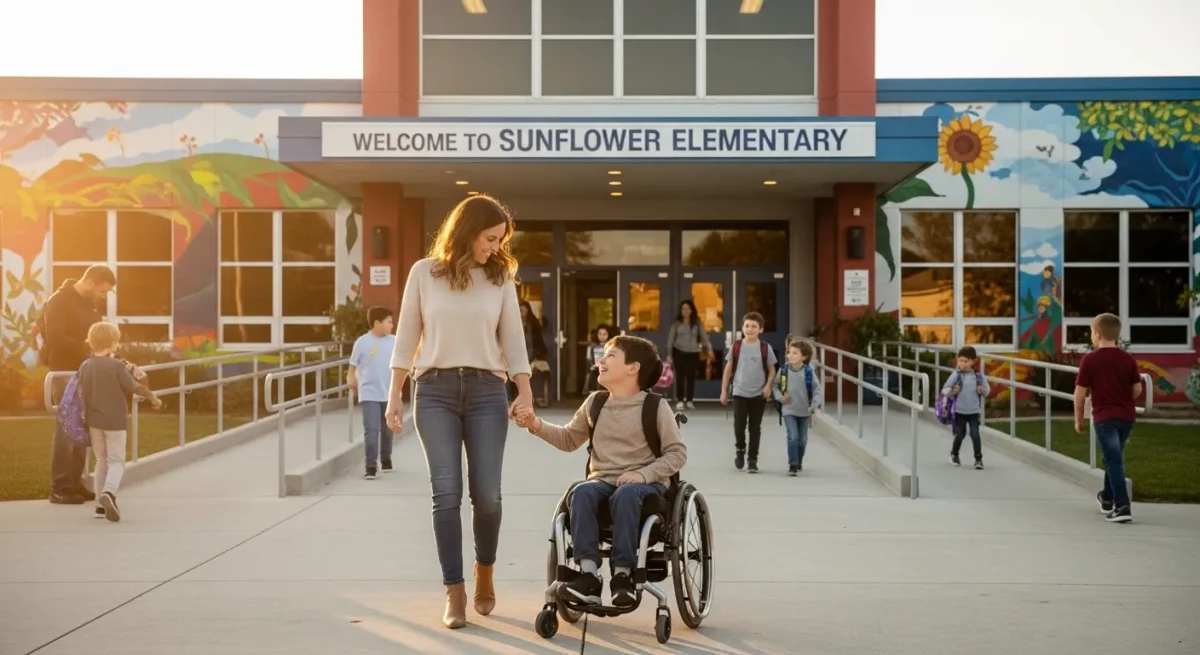 Direitos à Inclusão: O que os Pais Devem Saber sobre Crianças com Deficiência Física na Escola Brasileira 1 Mãe e filho entrando em escola inclusiva com acessibilidade.