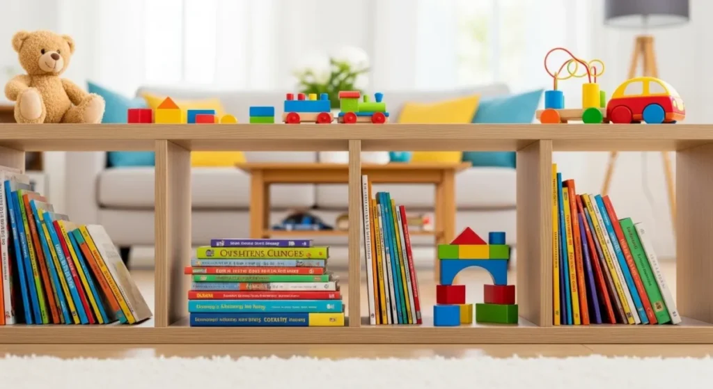 Visão em perspectiva infantil de prateleiras baixas montessorianas.