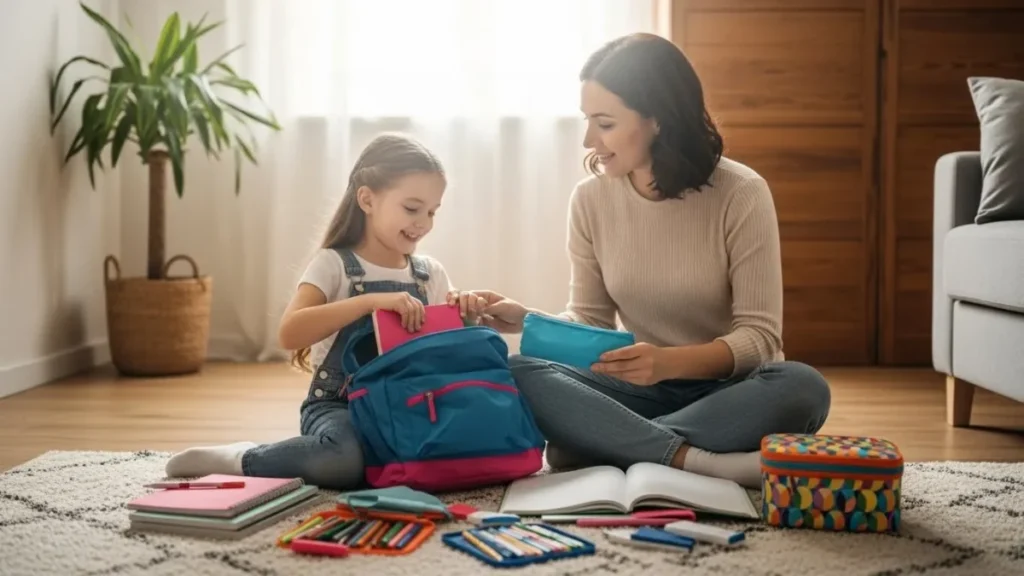 Mãe e filho organizando mochila escolar para adaptação escolar 2026.