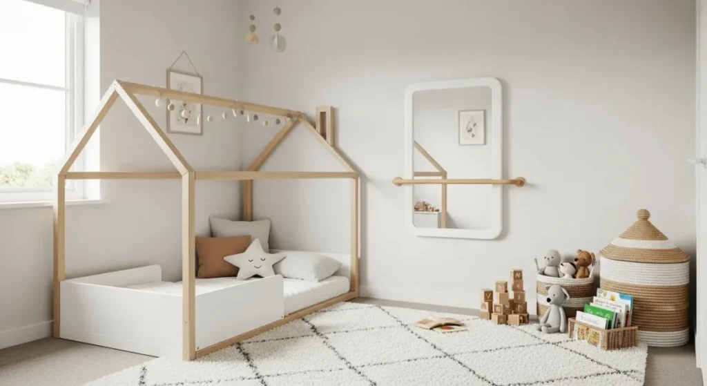 Quarto montessoriano 2026 com cama de chão e decoração minimalista.