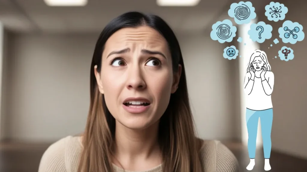Mãe pensativa e ansiosa, refletindo pensamentos automáticos negativos trabalhados na Terapia Cognitivo-Comportamental (TCC).
