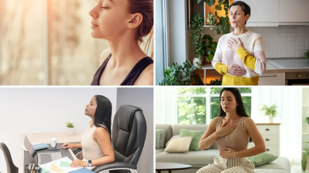 Infográfico ilustrando a técnica de respiração diafragmática para controle da ansiedade.