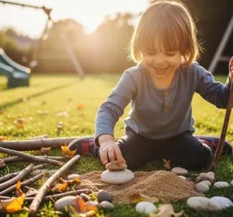 Criança brincando livremente na natureza desenvolvendo autonomia.