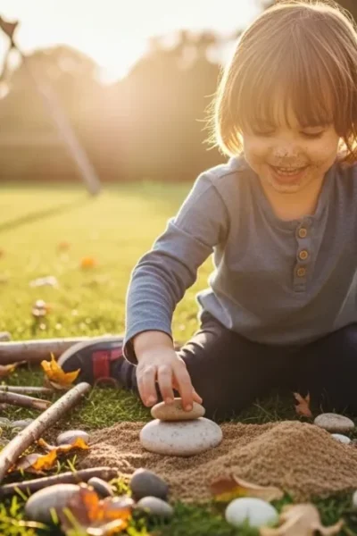 Criança brincando livremente na natureza desenvolvendo autonomia.