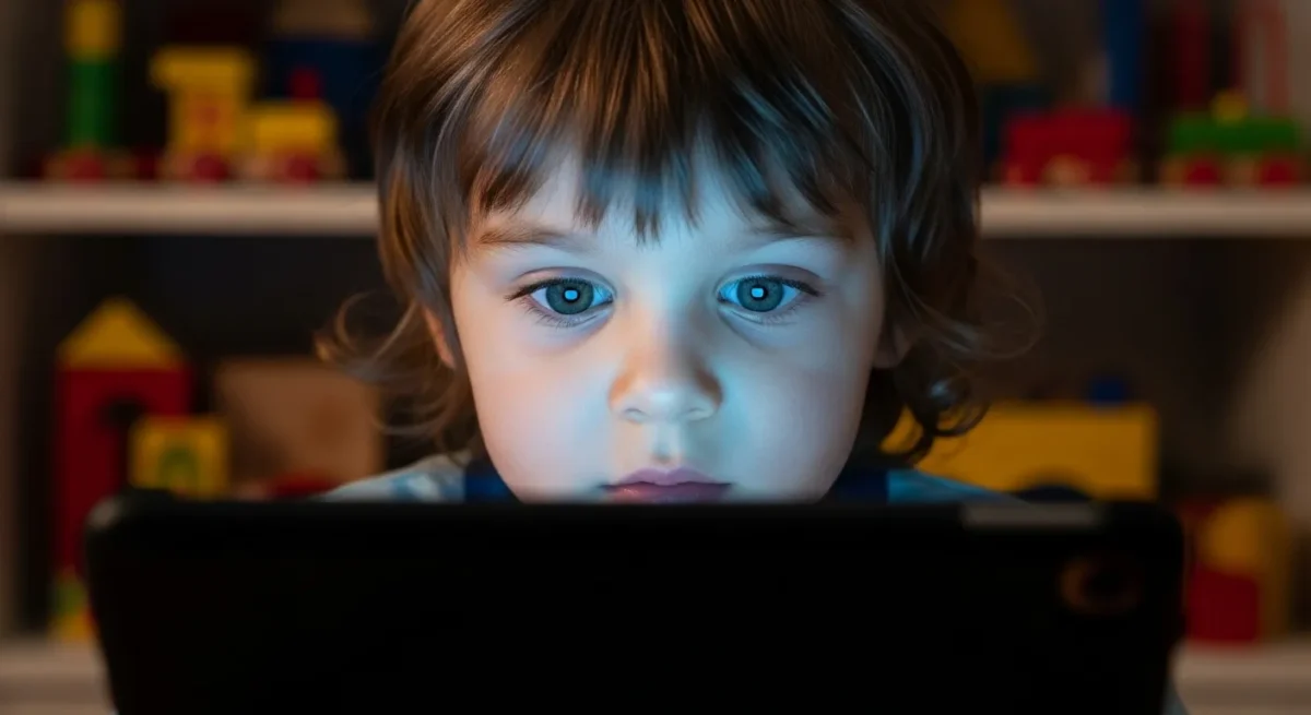 Criança pequena usando tablet com reflexo de luz azul no rosto.