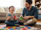Pai e filho brincando com letras de madeira no chão da sala.