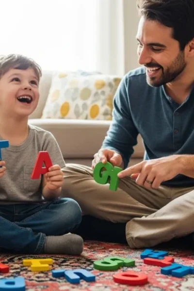 Pai e filho brincando com letras de madeira no chão da sala.