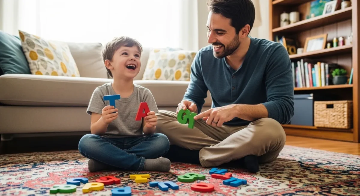 Pai e filho brincando com letras de madeira no chão da sala.