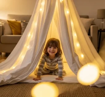 Criança sorridente brincando em cabana de lençol na sala de estar.