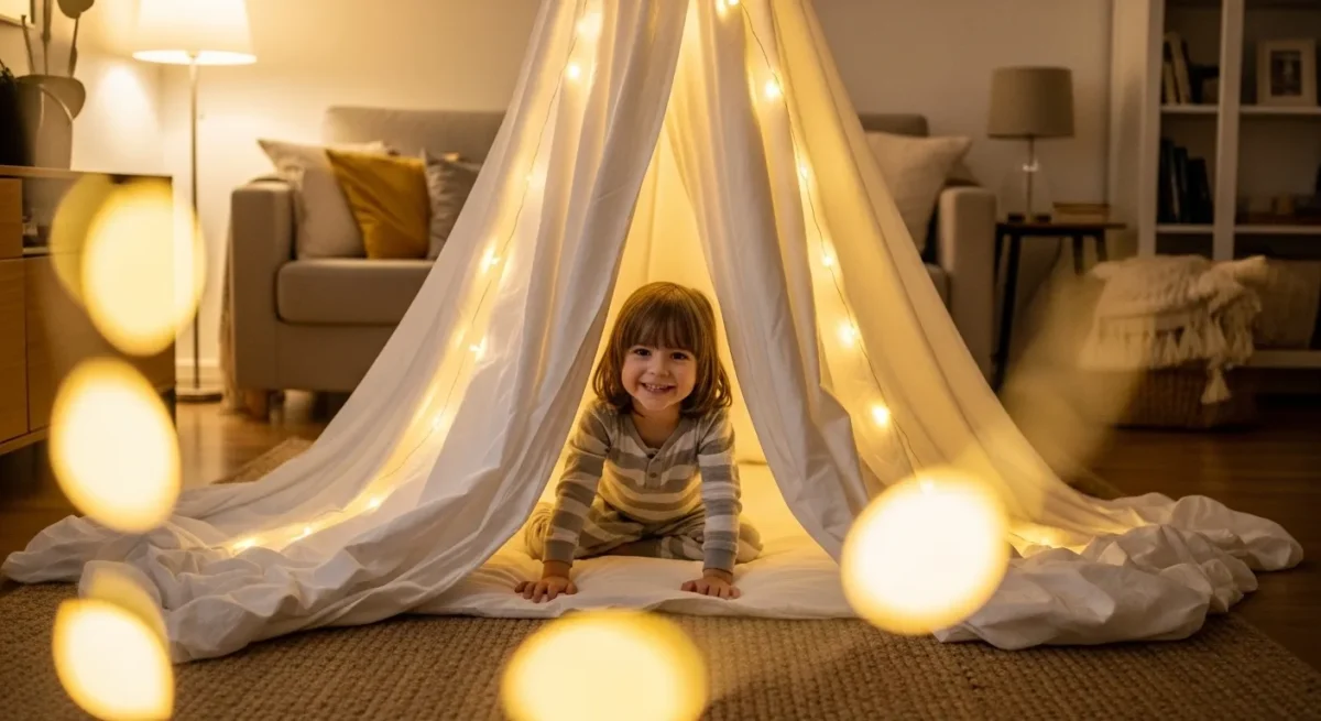 Criança sorridente brincando em cabana de lençol na sala de estar.