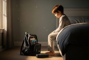 Menino de 7 anos observando sua mochila escolar em uma sala iluminada pelo sol.