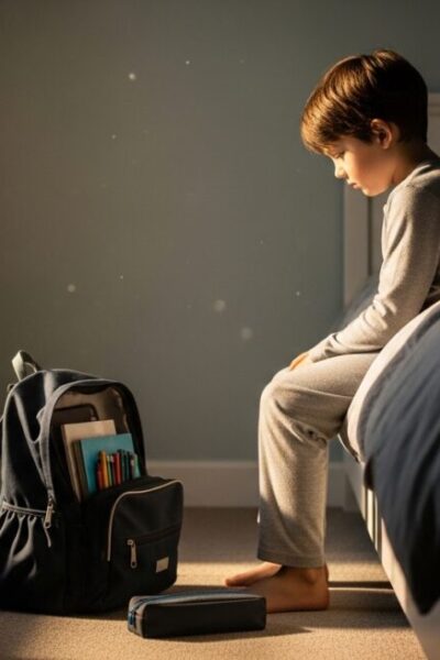 Menino de 7 anos observando sua mochila escolar em uma sala iluminada pelo sol.