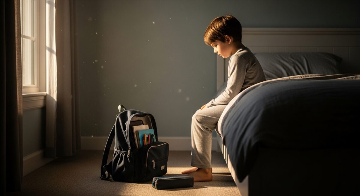 Menino de 7 anos observando sua mochila escolar em uma sala iluminada pelo sol.