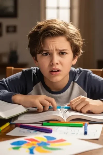 Criança estudando cercada de livros com expressão de cansaço.