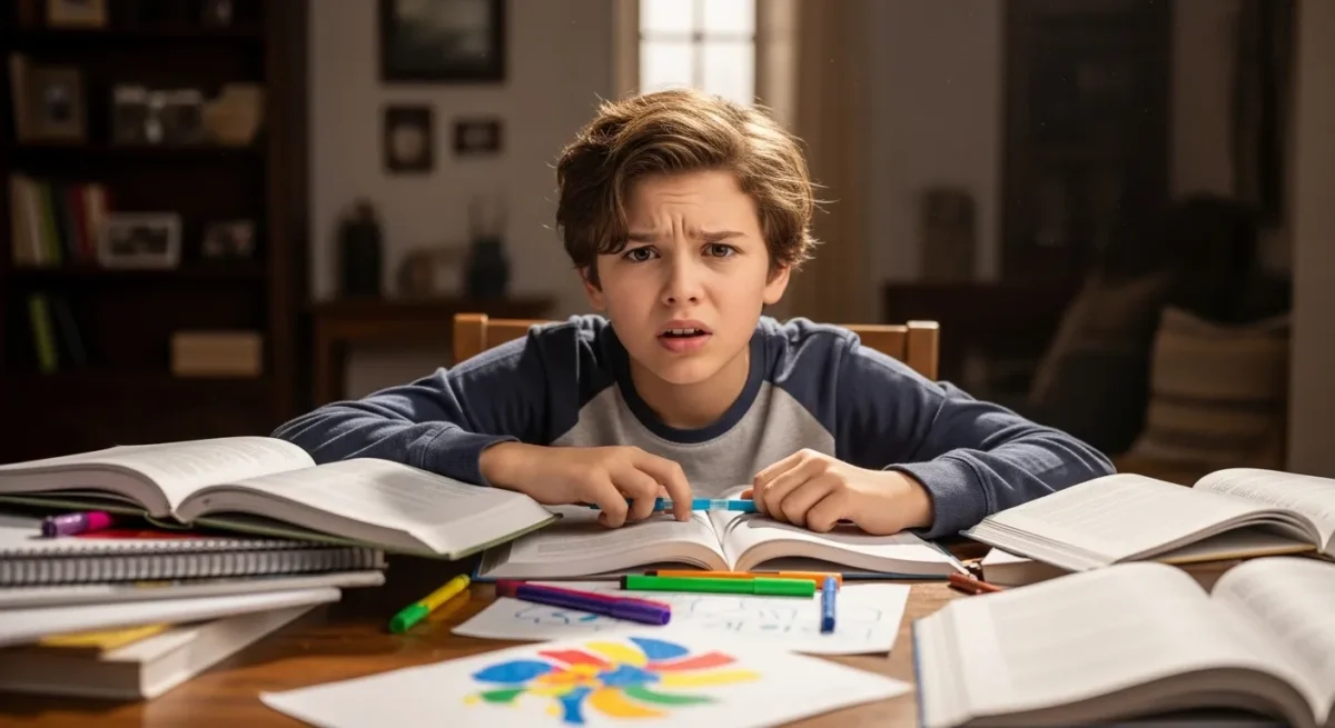 Criança estudando cercada de livros com expressão de cansaço.