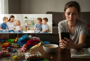 Mulher com expressão de tristeza e cansaço sentada no chão de uma sala bagunçada, olhando para o celular que exibe fotos de famílias perfeitas, ilustrando o conflito entre a maternidade real e as redes sociais.