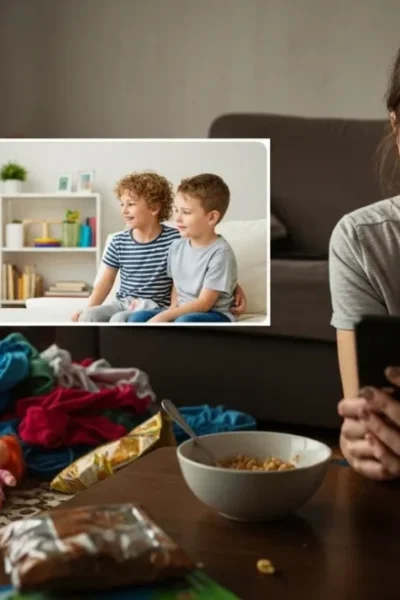 Mulher com expressão de tristeza e cansaço sentada no chão de uma sala bagunçada, olhando para o celular que exibe fotos de famílias perfeitas, ilustrando o conflito entre a maternidade real e as redes sociais.