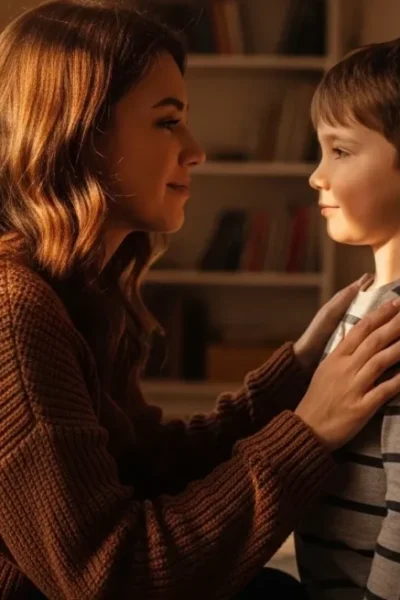 Mãe agachada conversando calmamente com o filho pequeno em uma sala iluminada.