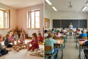Uma imagem dividida ao meio comparando uma sala de aula Waldorf acolhedora e lúdica com uma sala de aula tradicional estruturada e com carteiras.
