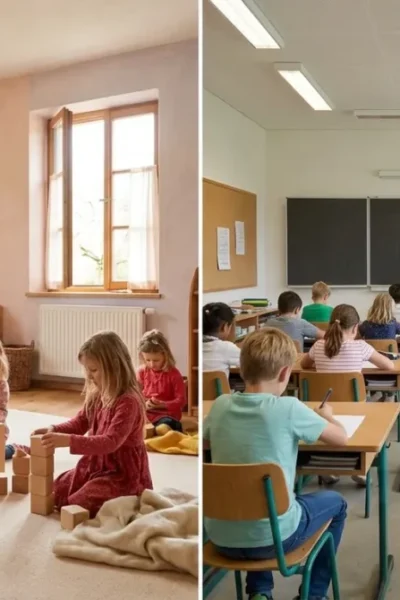 Uma imagem dividida ao meio comparando uma sala de aula Waldorf acolhedora e lúdica com uma sala de aula tradicional estruturada e com carteiras.