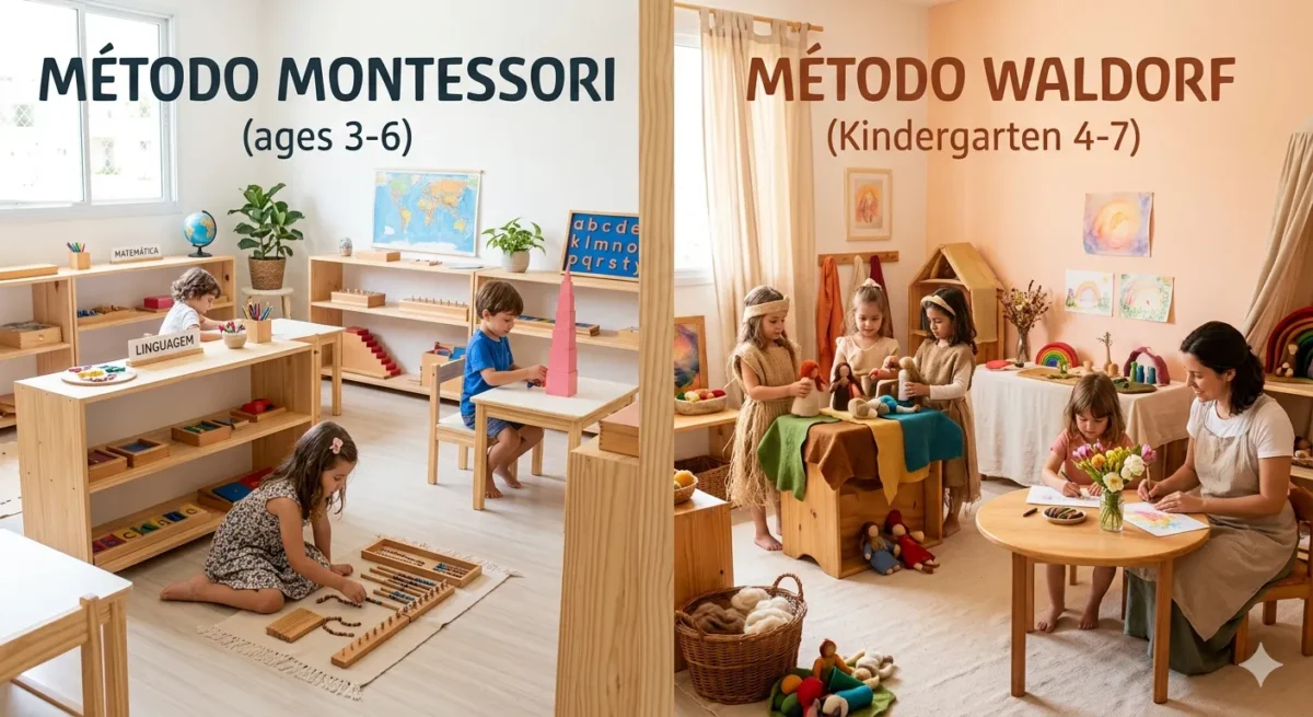 Comparação visual entre os materiais e ambientes da Pedagogia Waldorf e do Método Montessori.